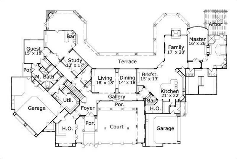 Floor Plan First Story of Spanish Plan #156-2187