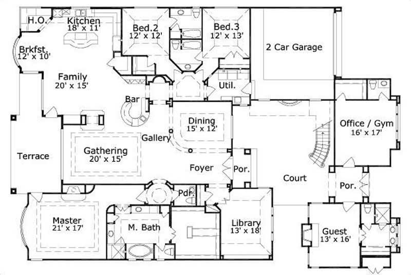 Floor Plan First Story of Mediterranean Plan #156-2221