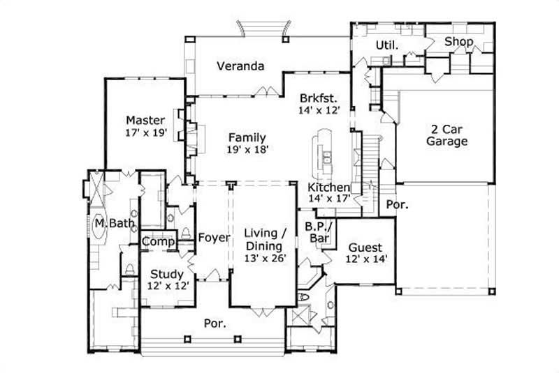 Floor Plan First Story of Country Plan #156-2450