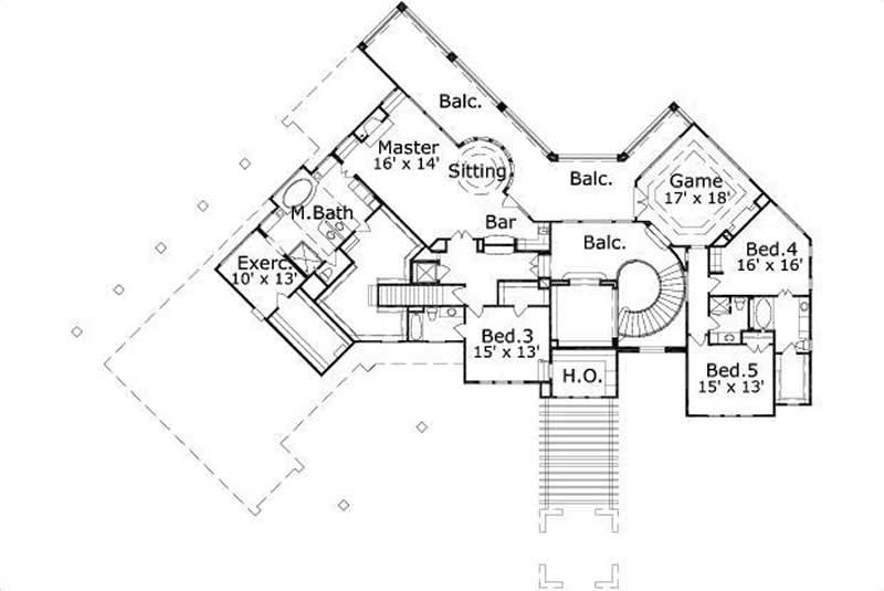 Floor Plan Second Story of Spanish Plan #156-2457
