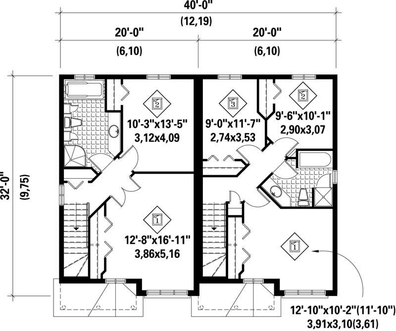 Floor Plan Second Story of Multi-Unit Plan #157-1000