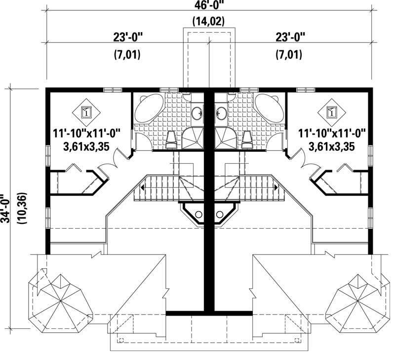 Floor Plan Second Story of Multi-Unit Plan #157-1006