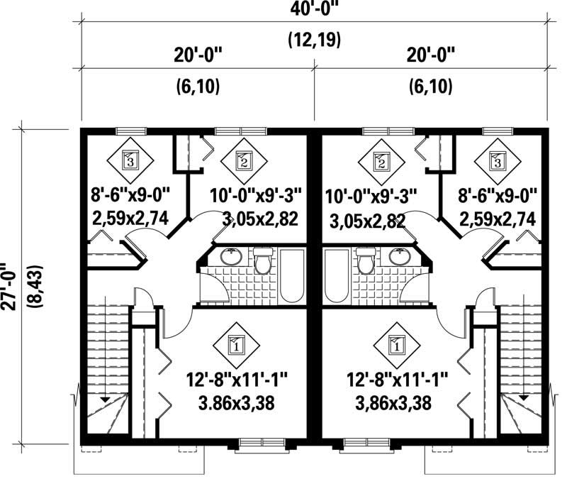 Floor Plan Second Story of Multi-Unit Plan #157-1008