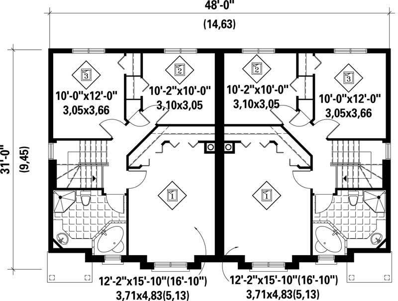 Floor Plan Second Story of Multi-Unit Plan #157-1009