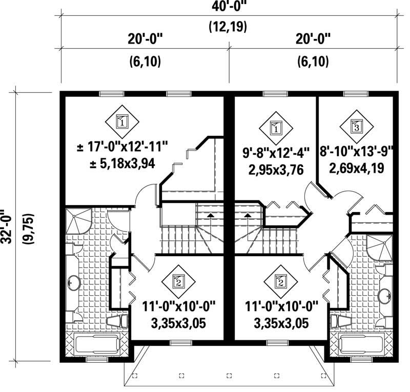 Floor Plan Second Story of Multi-Unit Plan #157-1012