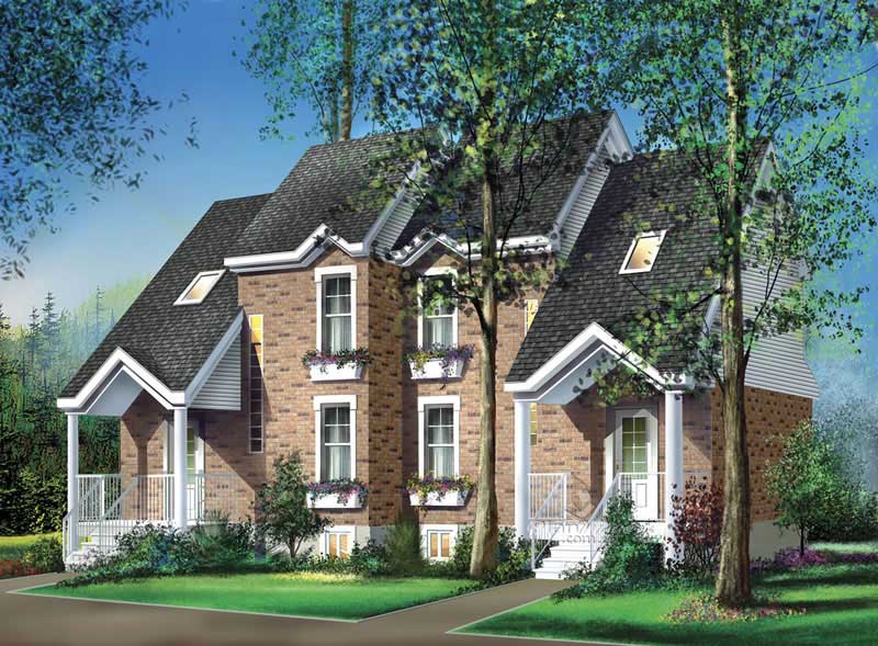 Front elevation of Duplex/Multi-Unit home (ThePlanCollection: House Plan #157-1014)