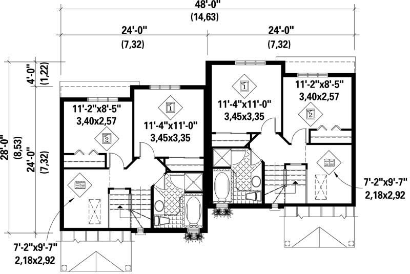 Floor Plan Second Story of Multi-Unit Plan #157-1014