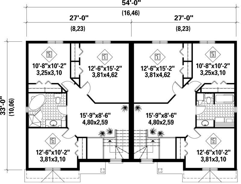 Floor Plan Second Story of Multi-Unit Plan #157-1016