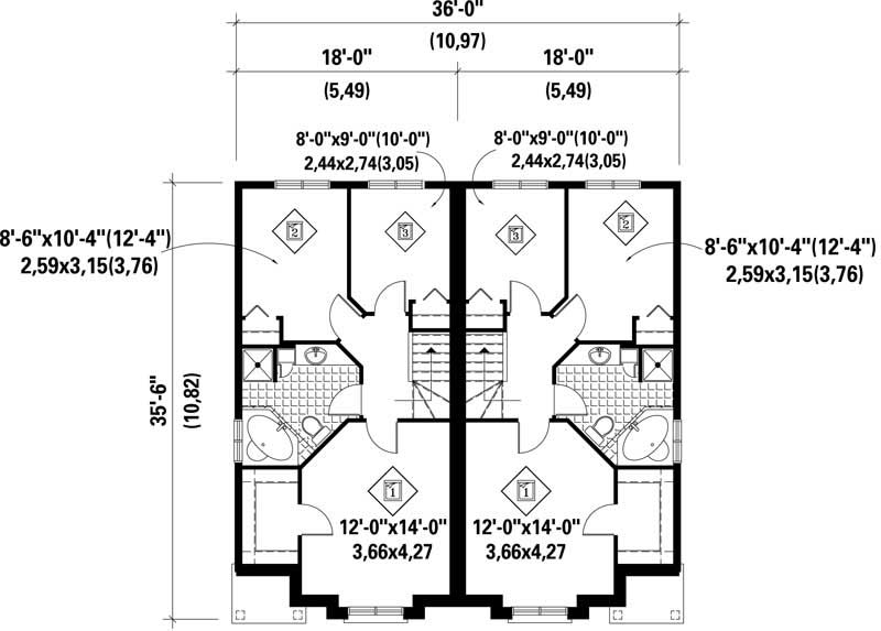 Floor Plan Second Story of Multi-Unit Plan #157-1023