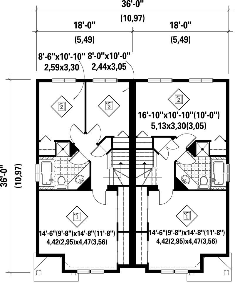 Floor Plan Second Story of Multi-Unit Plan #157-1032