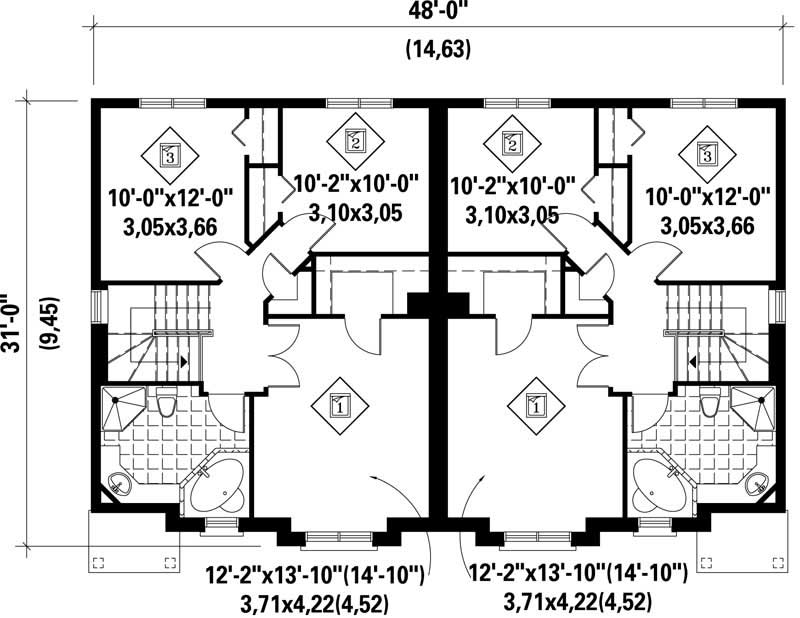 Floor Plan Second Story of Multi-Unit Plan #157-1035
