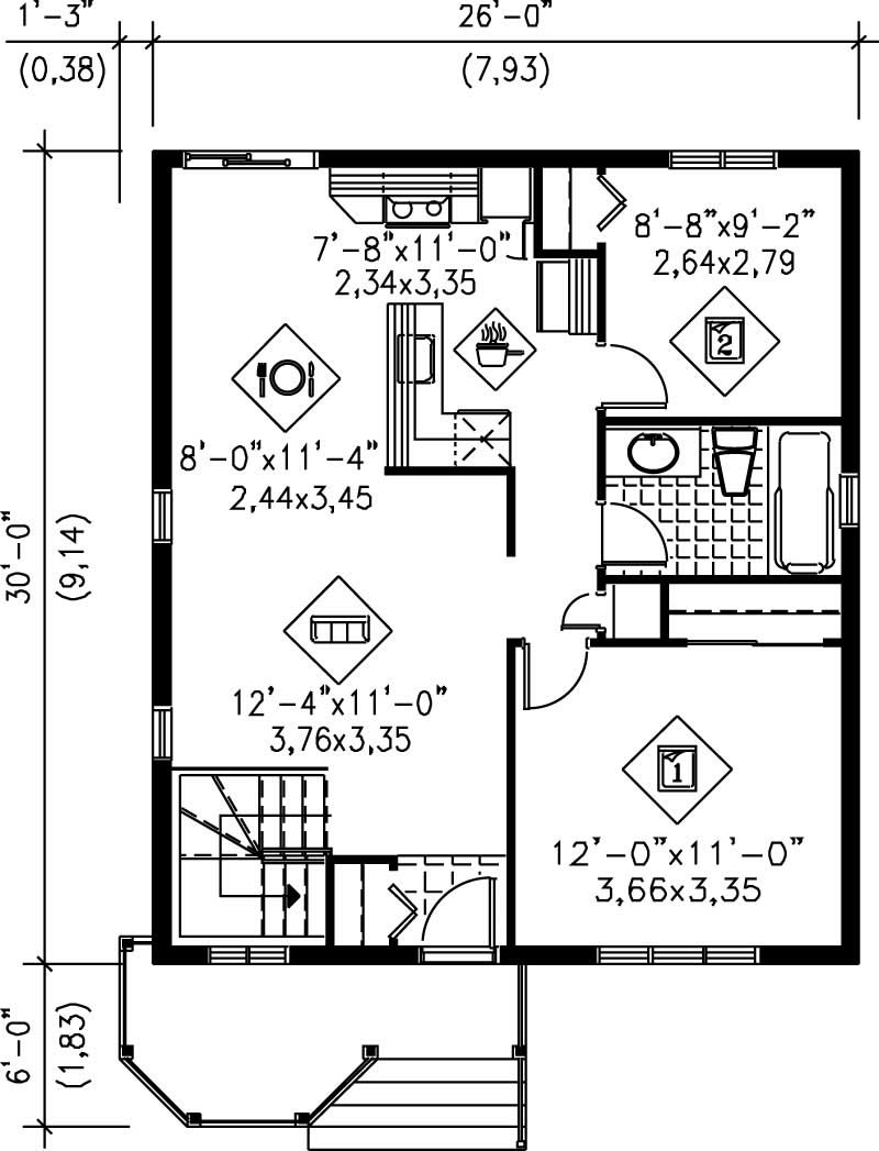 Floor Plan First Story of Bungalow Plan #157-1054