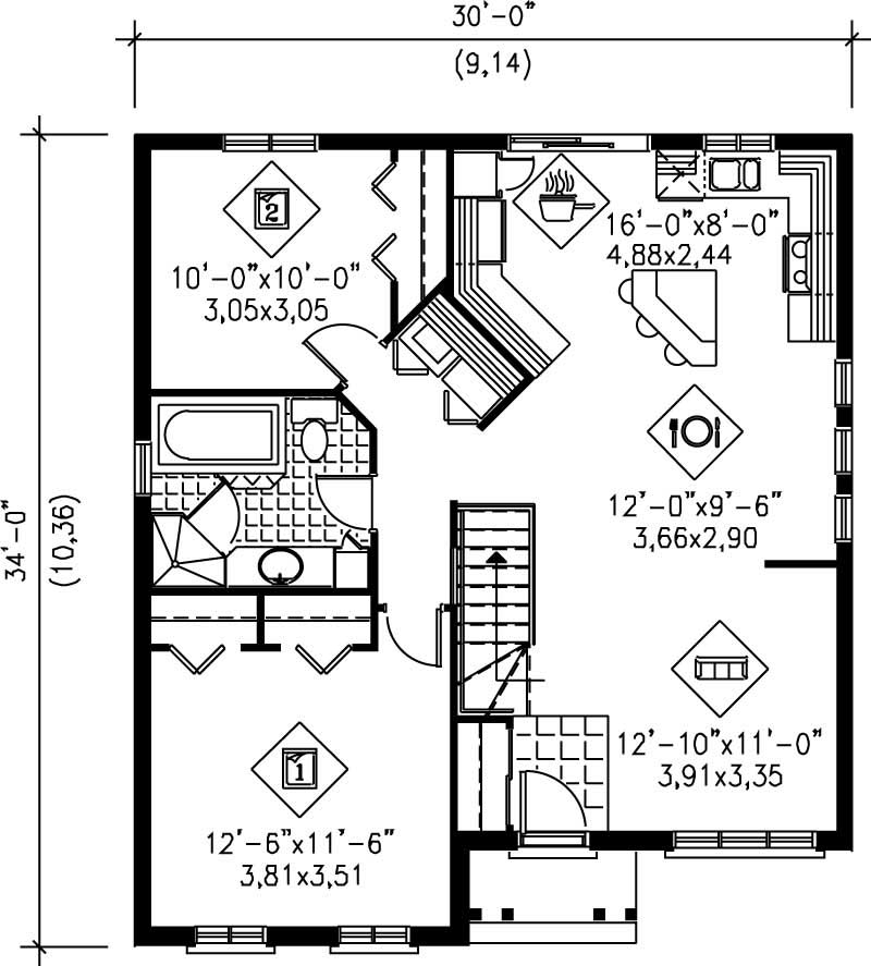 Floor Plan First Story of Bungalow Plan #157-1073