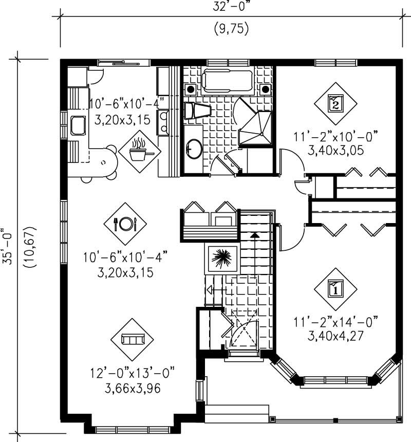 Floor Plan Main Level of Bungalow Plan #157-1080