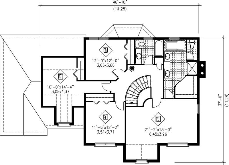 Floor Plan Second Story of European Plan #157-1121