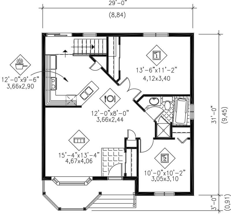 Floor Plan Main Level of Bungalow Plan #157-1141