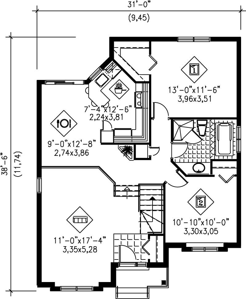 Floor Plan First Story of Bungalow Plan #157-1151