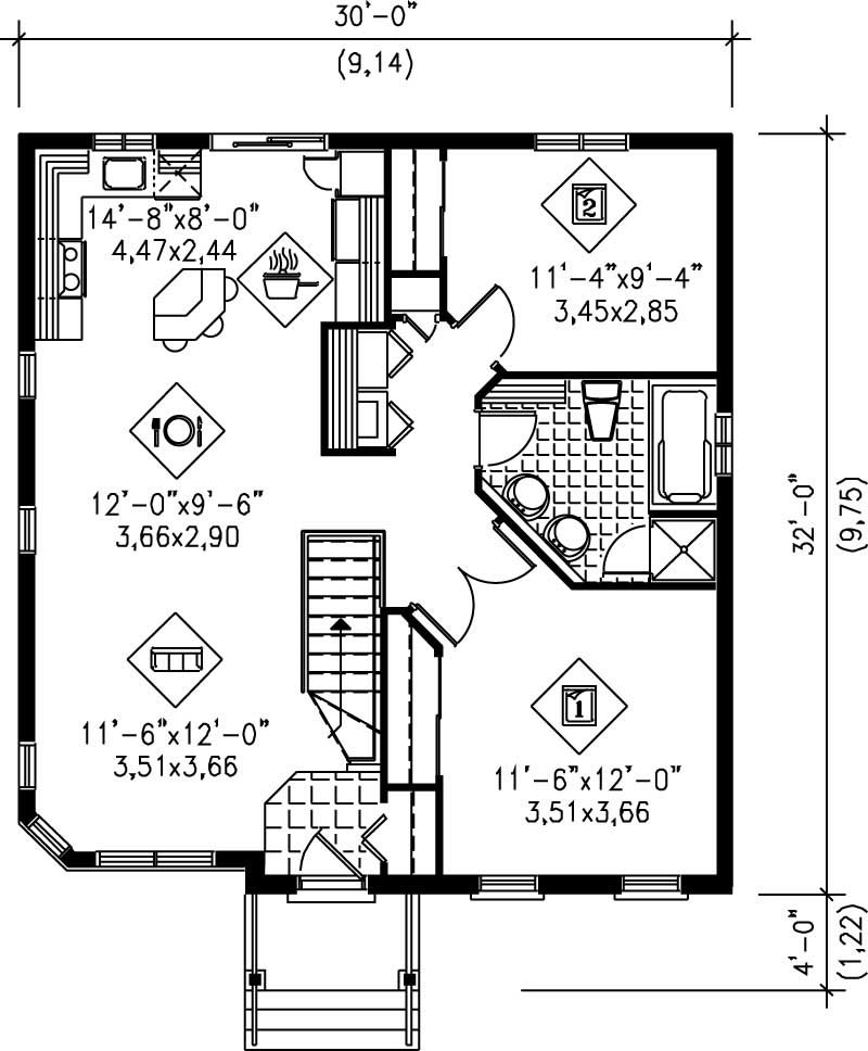 Floor Plan First Story of Bungalow Plan #157-1154
