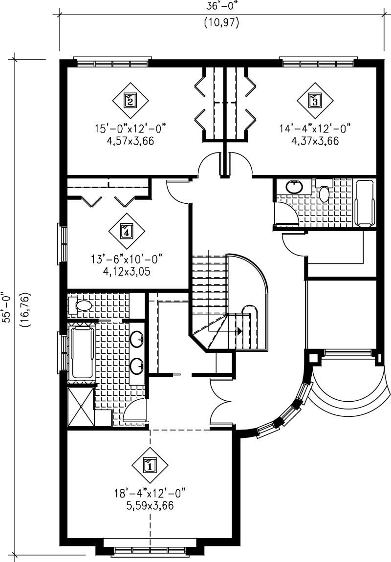 Floor Plan Second Story of European Plan #157-1175