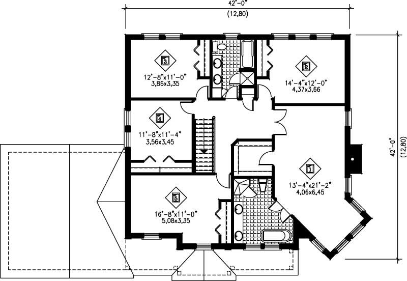 Floor Plan Second Story of European Plan #157-1182