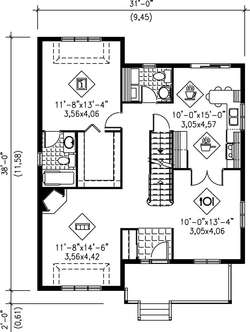 Floor Plan Main Level of Country Plan #157-1228