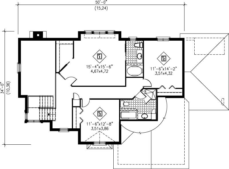 Floor Plan Second Story of European Plan #157-1245