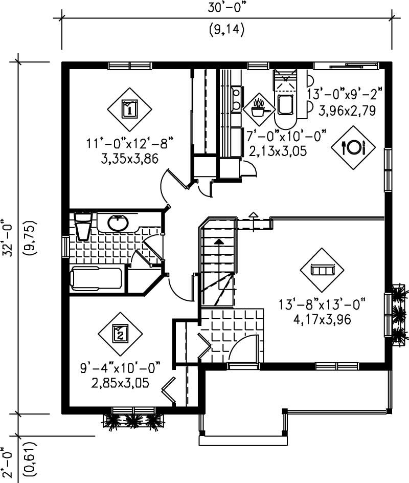 Floor Plan First Story of Bungalow Plan #157-1254
