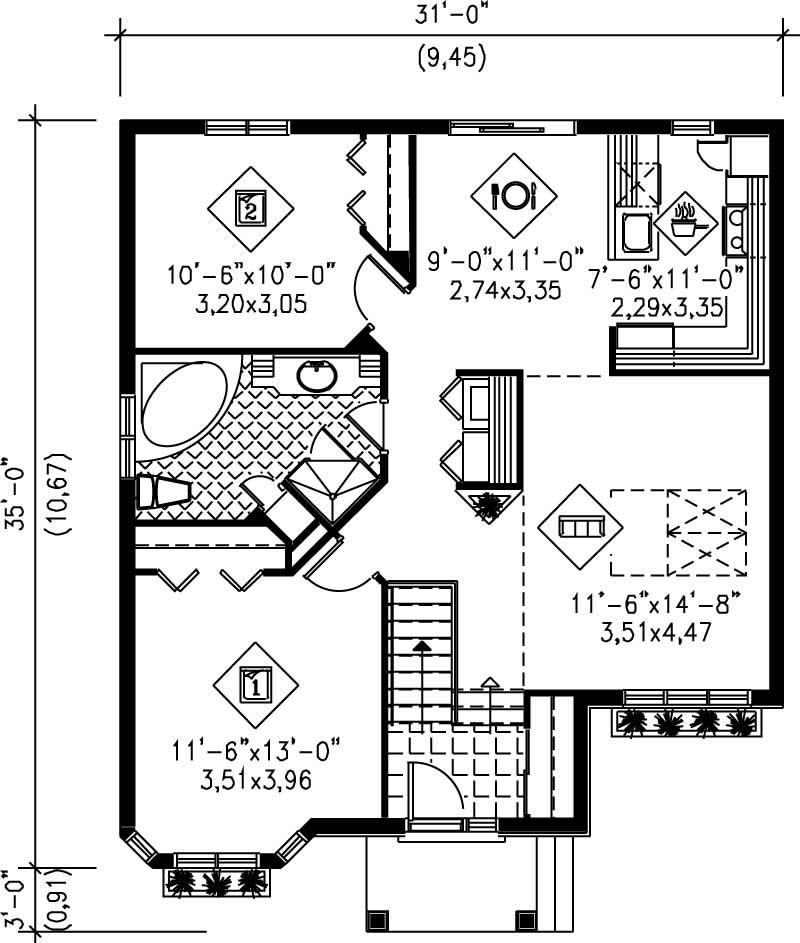 Floor Plan First Story of Bungalow Plan #157-1255