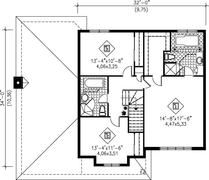 Floor Plan Second Story of European Plan #157-1285