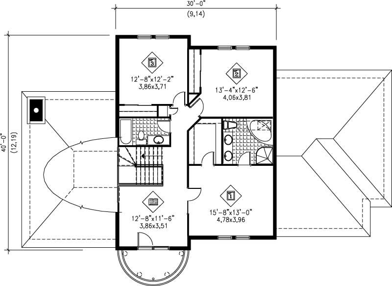 Floor Plan Second Story of European Plan #157-1338