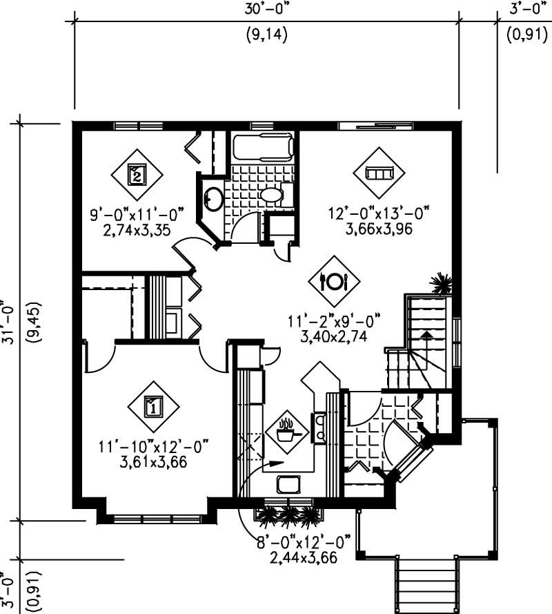 Floor Plan First Story of Bungalow Plan #157-1342