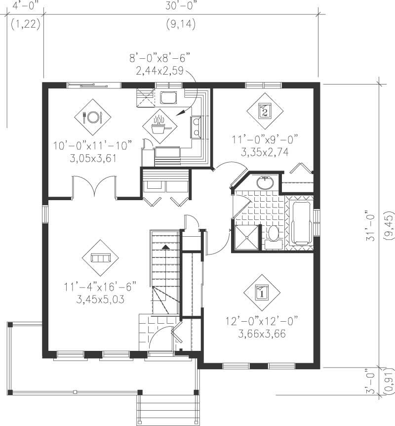 Floor Plan First Story of Bungalow Plan #157-1356