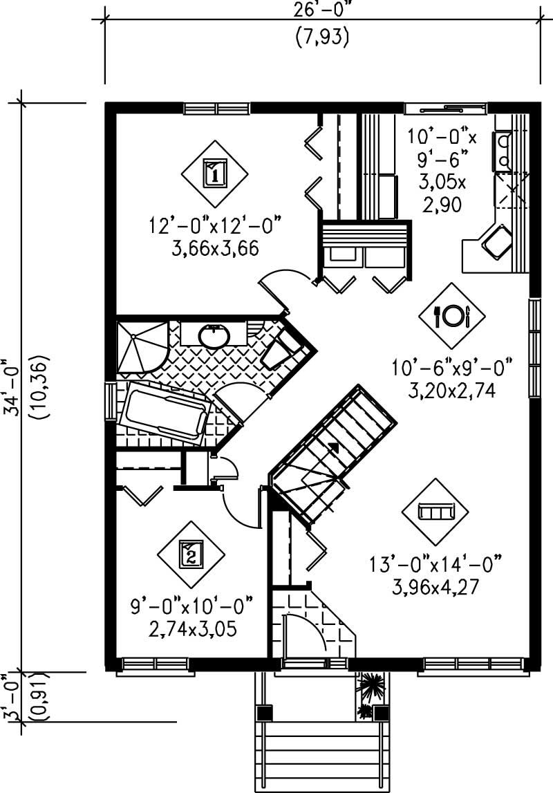 Floor Plan First Story of Bungalow Plan #157-1370