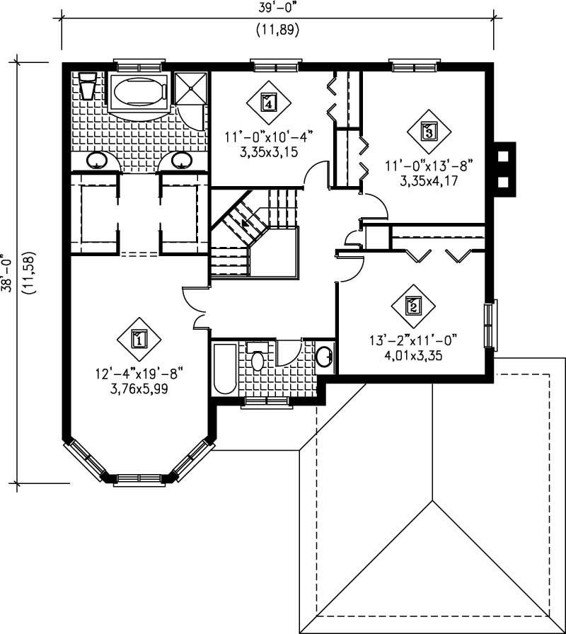 Floor Plan Second Story of European Plan #157-1374