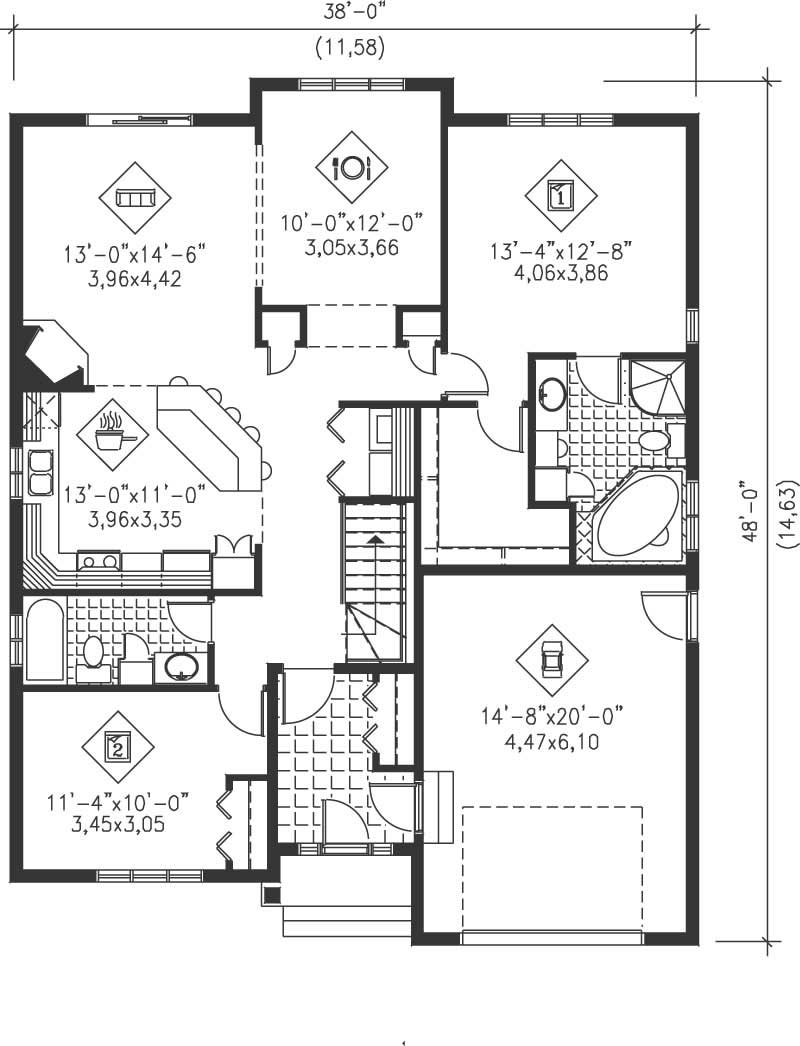 Floor Plan First Story of Bungalow Plan #157-1382