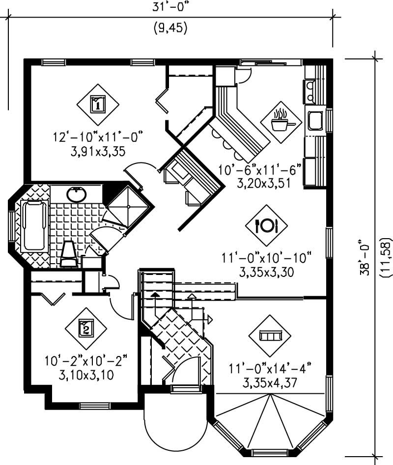 Floor Plan First Story of Bungalow Plan #157-1389