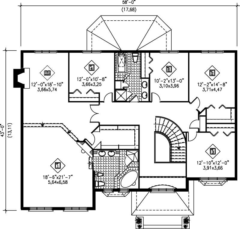 Floor Plan Second Story of European Plan #157-1435