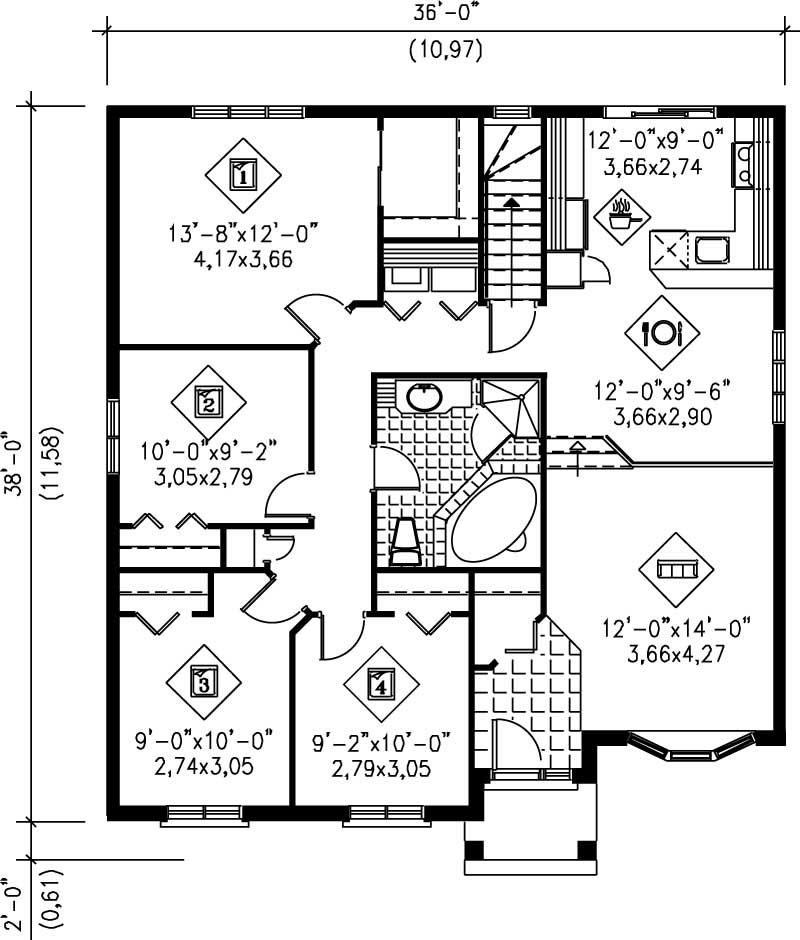 Floor Plan First Story of Bungalow Plan #157-1495