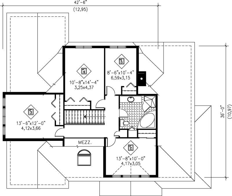Floor Plan Second Story of European Plan #157-1496