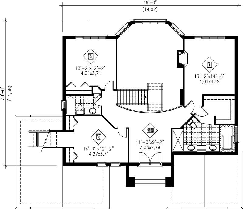 Floor Plan Second Story of European Plan #157-1516