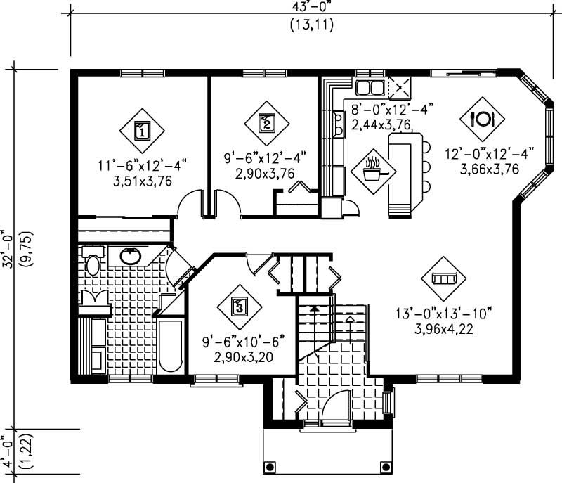 Floor Plan First Story of Ranch Plan #157-1520