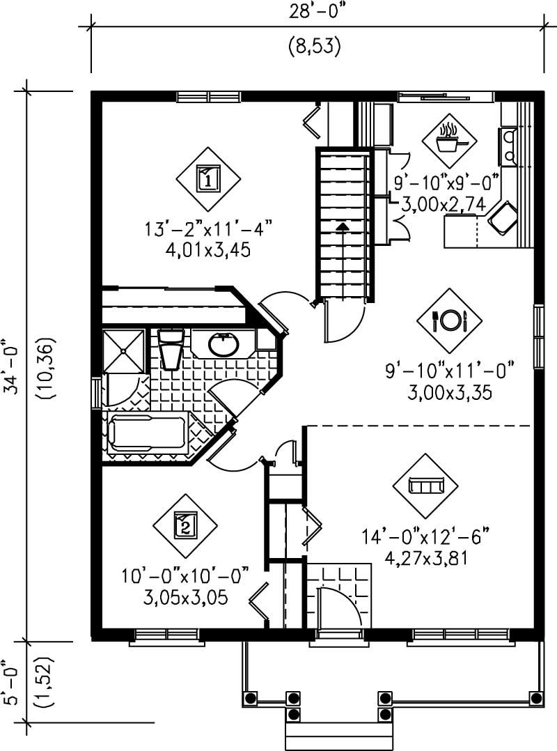 Floor Plan First Story of Bungalow Plan #157-1564
