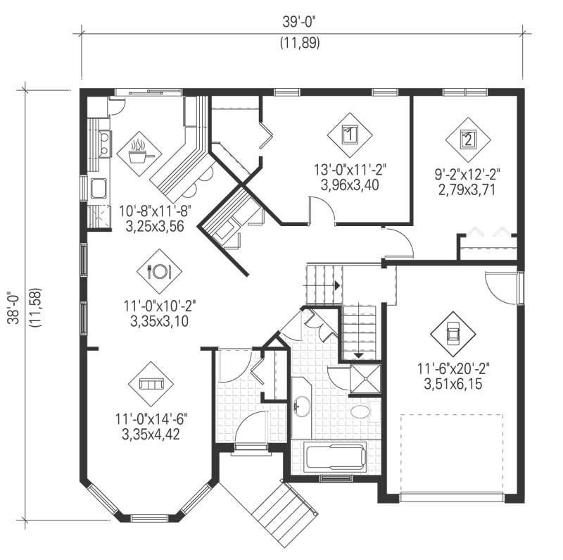 Floor Plan Main Level of European Plan #157-1566