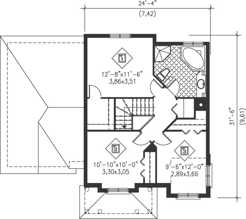 Floor Plan Second Story of European Plan #157-1581
