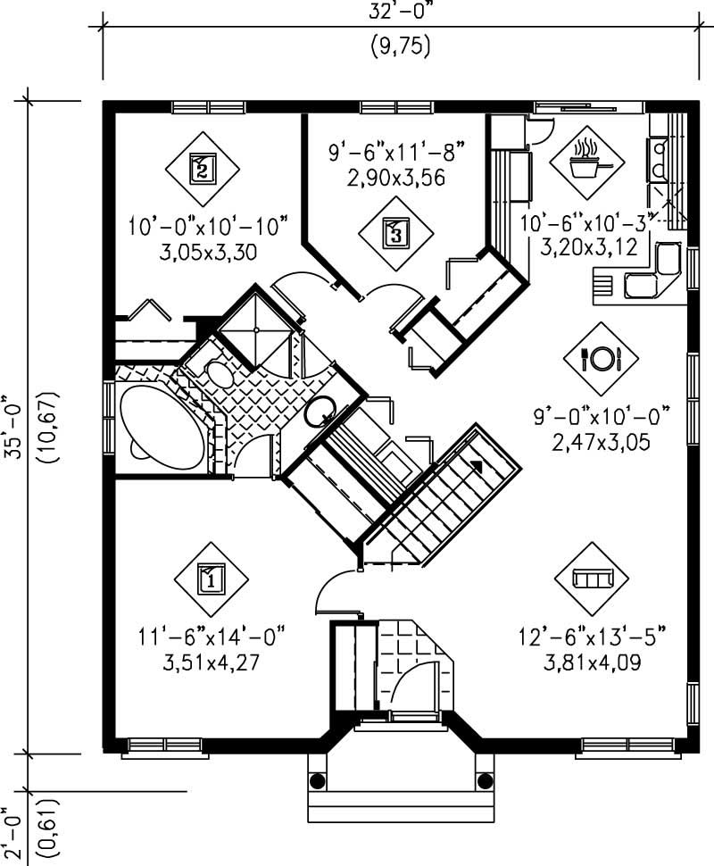 Floor Plan First Story of Bungalow Plan #157-1590