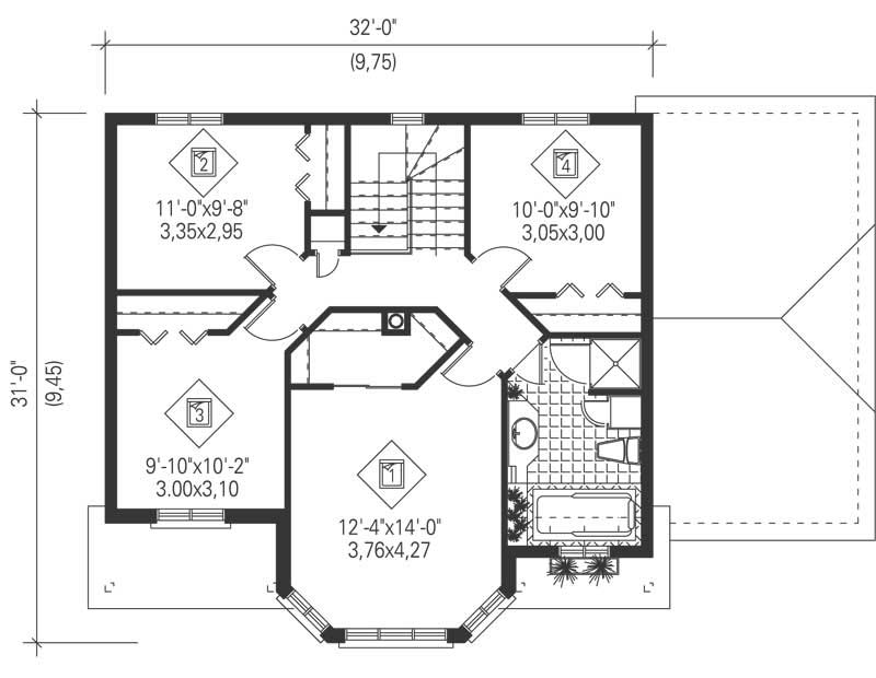 Floor Plan Second Story of European Plan #157-1595