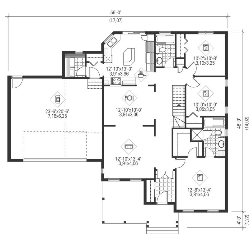 Floor Plan First Story of Ranch Plan #157-1658