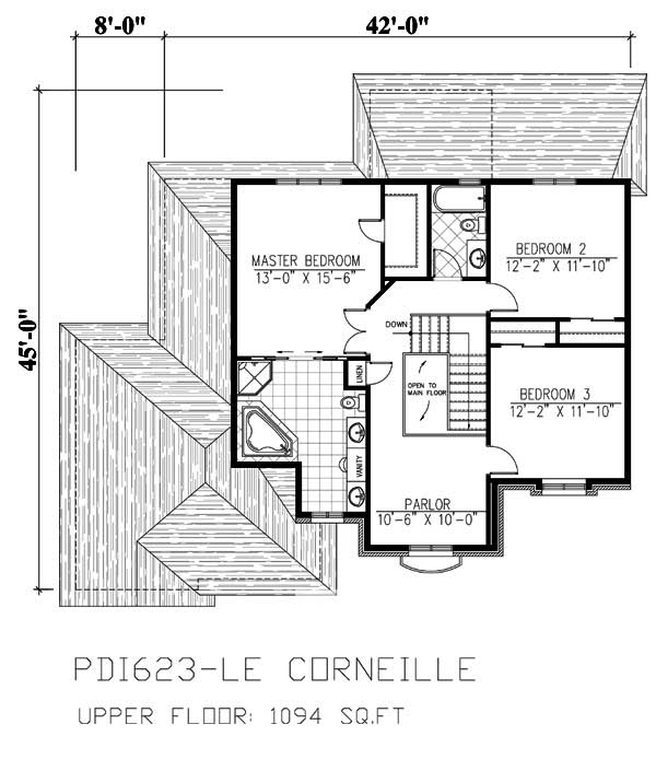 Floor Plan Second Story of European Plan #158-1086