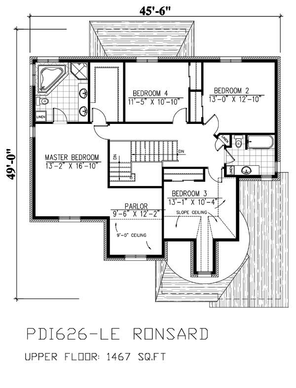 Floor Plan Second Story of European Plan #158-1107