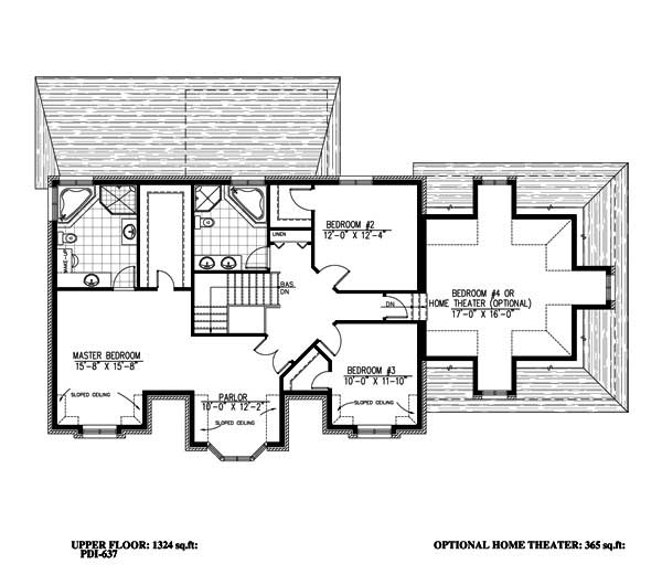 Floor Plan Second Story of European Plan #158-1197